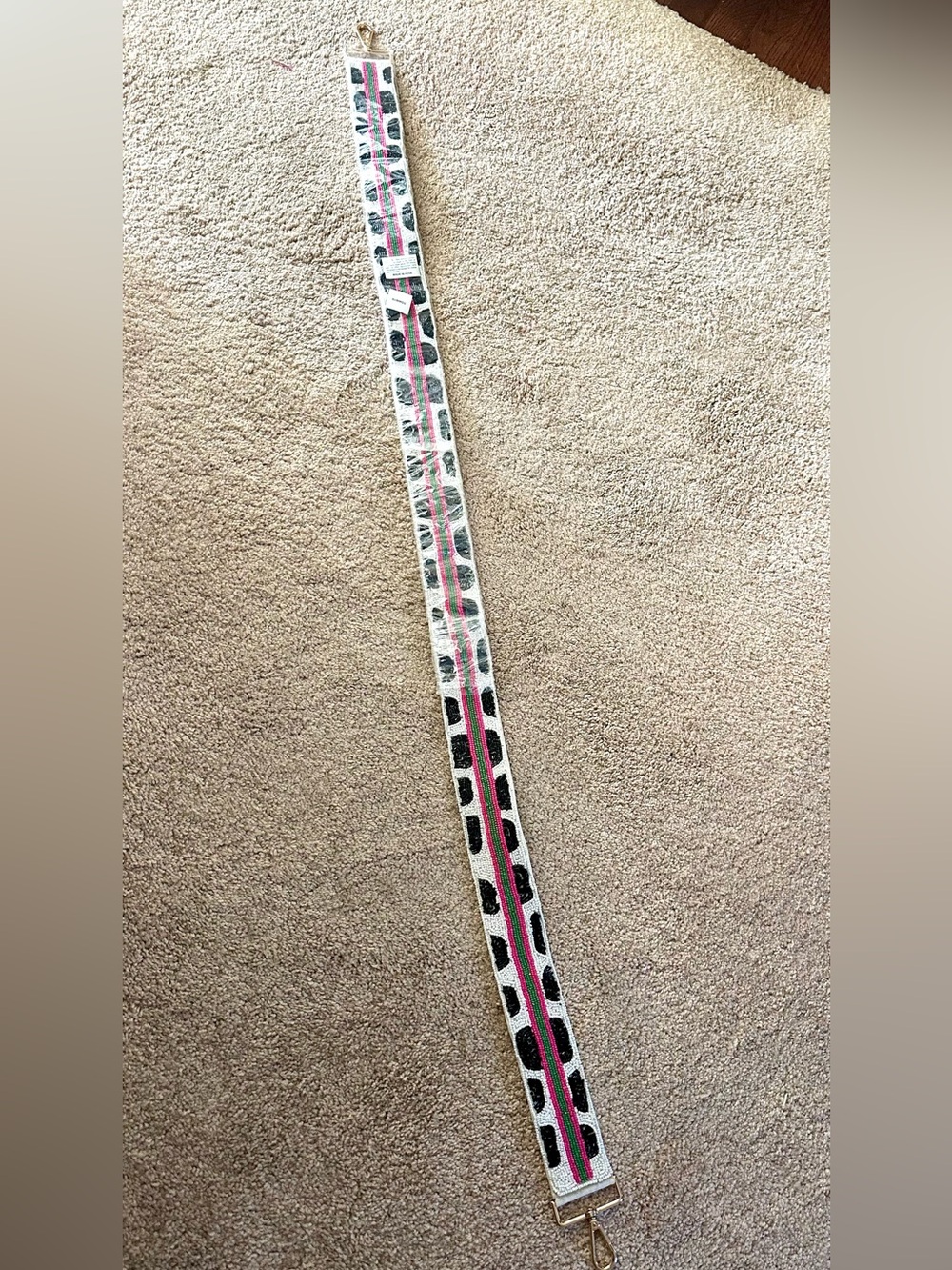 Beaded White Leopard Print Strap with Pink Accent